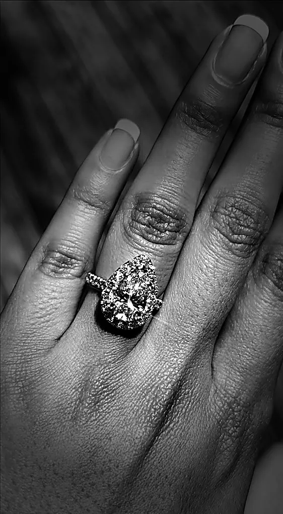 A halo ring, worn